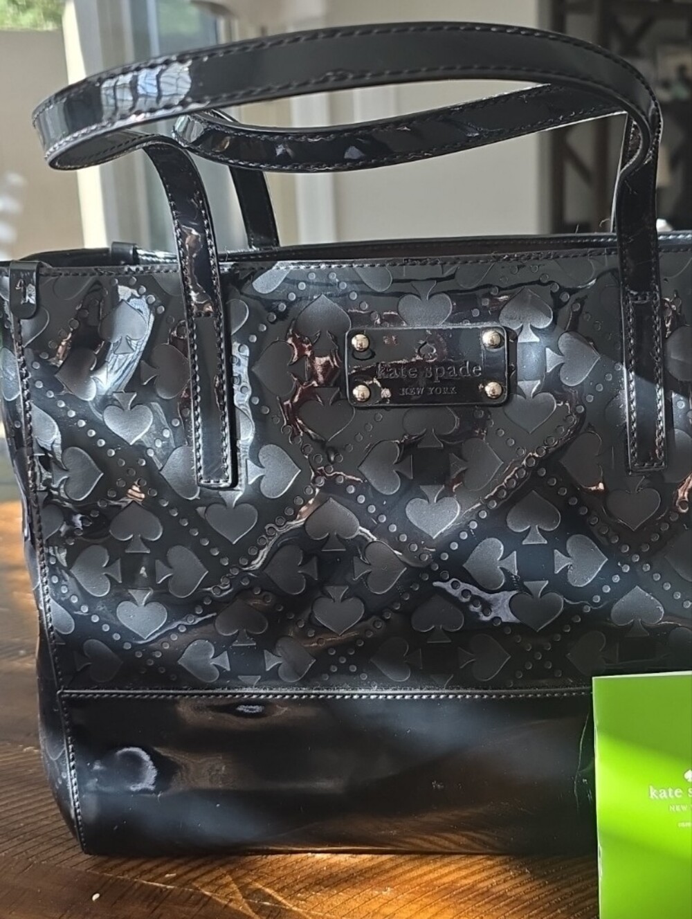 Kate Spade Black Patent Tote with Embossed Heart & Spade Motif